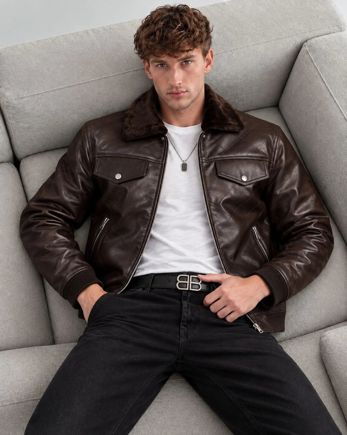 Hollywood Style Coffee Diamond-Cut Leather Jacket