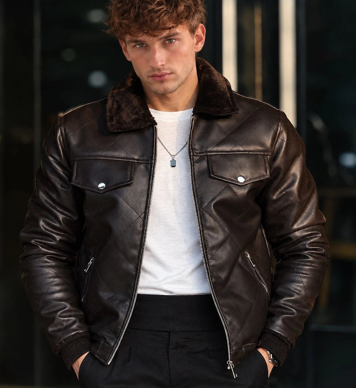 Hollywood Style Coffee Diamond-Cut Leather Jacket