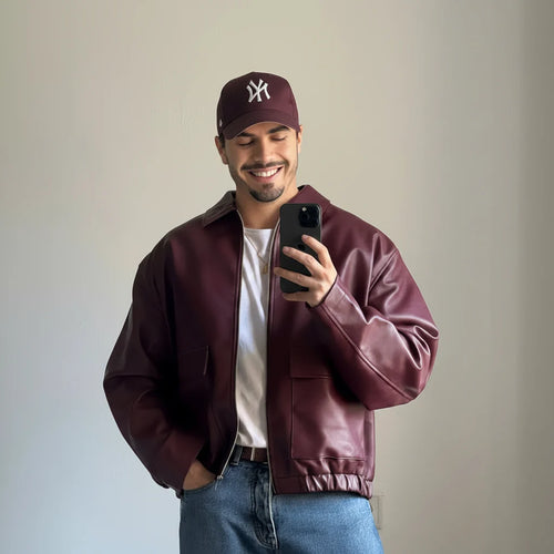 Burgundy Leather Bomber Jacket